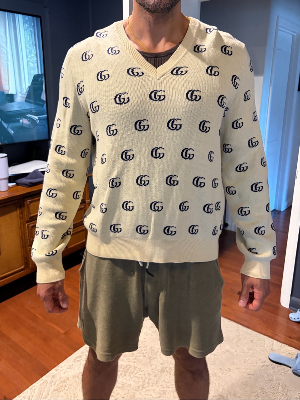 Gucci Cream V-Neck Knit Sweater with Navy GG Motif